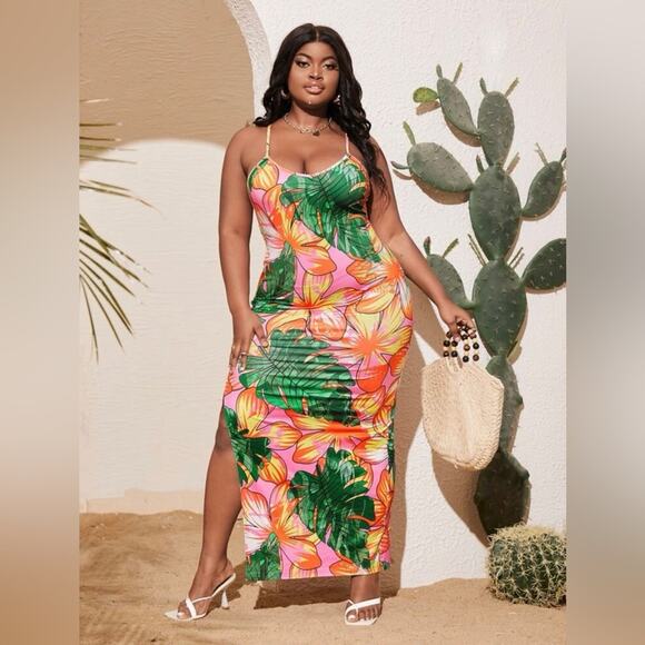 SHEIN Dresses & Skirts - SHEIN SXY Plus Tropical Print Crisscross Backless Split Thigh Maxi